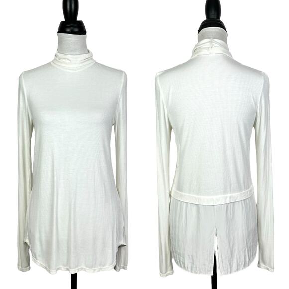 Lola & Sophie Ivory White Ribbed Turtleneck Long Sleeve Back Slit Layered Tee - Picture 1 of 9